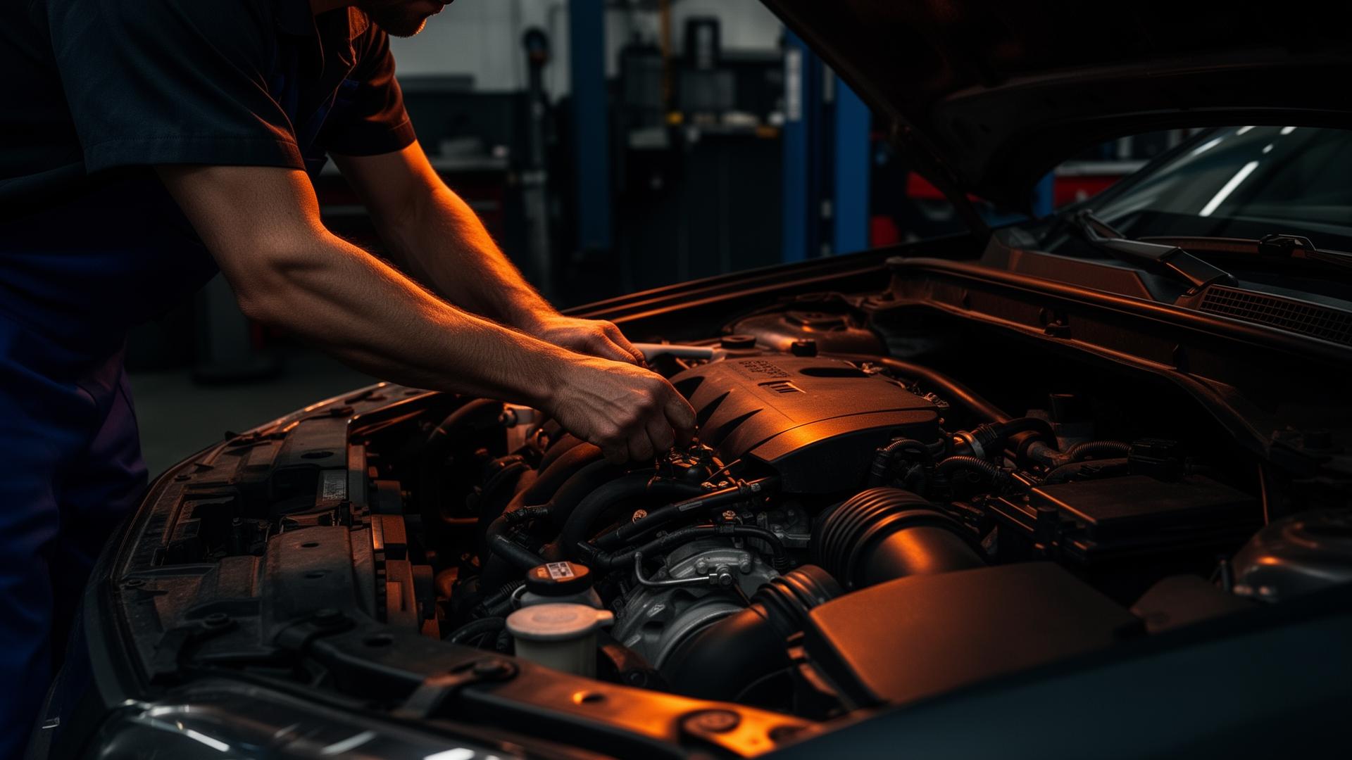 Professional mechanic working on a car engine in our Hawthorne shop